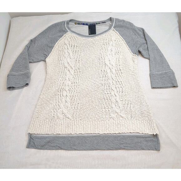 Dolan Anthropologie Womens M Boho Gray 3/4 Sleeve Sweater Cream Crocheted Top - Picture 5 of 12